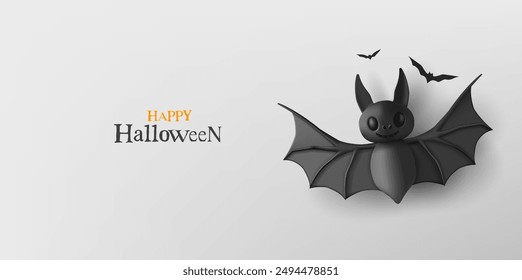 Black flying bats, 3D. Happy Halloween. Scary, funny character for advertising design concepts. Vector illustration.