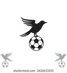 Black Flying Bird Standing on Soccer Ball Silhouette for Sports and Team Mascot Design