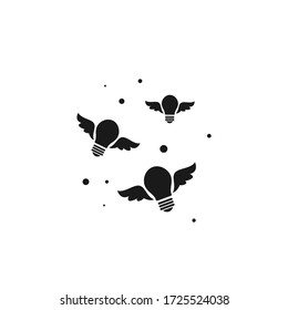 black flying bulbs with wings . flat icon isolated on blue background. Imagination, fantasy icon.  Know how sign. New business idea. Vector illustration. Invention logo.