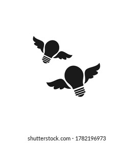 black flying bulbs with wings . flat icon isolated on blue background. Imagination, fantasy icon.  Know how sign. New business idea. Vector illustration. Invention logo.
