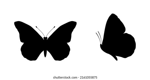 Black flying butterflies silhouette set isolated on white background. Vector illustration for patterns, wrapping paper, coloring page.