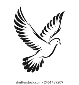 Black flying dove of peace isolated on white background, side view. Vector illustration