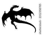 Black flying dragon silhouette isolated on white background. Hand drawn vector silhouette of dragon lizard