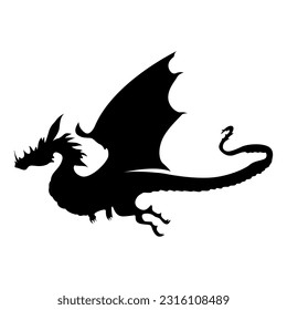 Black flying dragon silhouette isolated on white background. Hand drawn vector dragon lizard silhouette