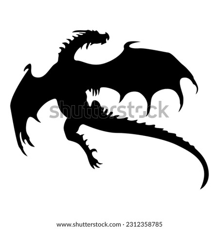Black flying dragon silhouette isolated on white background. Hand drawn vector silhouette of dragon lizard