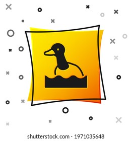Black Flying duck icon isolated on white background. Yellow square button. Vector