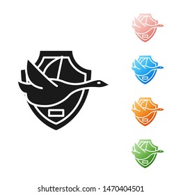 Black Flying duck on shield icon isolated on white background. Hunting trophy on wall. Set icons colorful. Vector Illustration