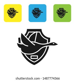 Black Flying duck on shield icon isolated on white background. Hunting trophy on wall. Set icons colorful square buttons. Vector Illustration