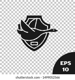 Black Flying duck on shield icon isolated on transparent background. Hunting trophy on wall.  Vector Illustration