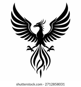 Ilustración vectorial de diseño de tatuaje de silueta de águila voladora negra con alas y plumas estilizadas