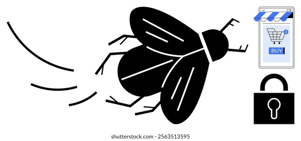 Black flying insect with icons of an online shopping cart and a padlock Ideal, for e-commerce cybersecurity digital shopping online safety and internet transactions Conceptual minimalist style