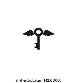 black flying key with wings icon. Vector illustration isolated on white. Home, house, flat, estate symbol. catch luck or hint.