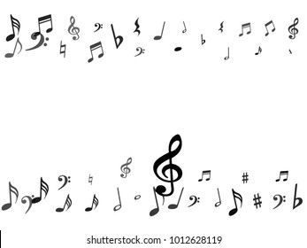 Black flying musical notes border isolated on white backdrop. Grayscale musical notation symphony signs, notes for sound and tune music. Vector symbols for melody recording, prints and back layers.