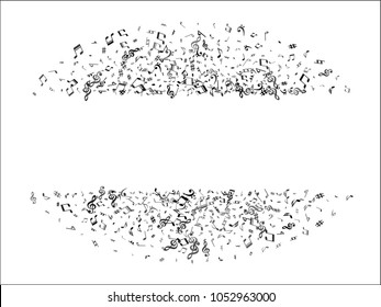 Black flying musical notes border isolated on white backdrop. Fresh musical notation symphony signs, notes for sound and tune music. Vector symbols border for melody recording, prints and back layers.