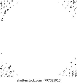 Black flying musical notes border isolated on white background. Grayscale musical notation symphony signs, notes for sound and tune music. Vector symbols for melody recording, prints and back layers.
