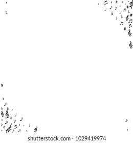 Black flying musical notes frame isolated on white background. Fresh musical notation symphony signs, notes for sound and tune music. Vector symbols frame for melody recording, prints and back layers.