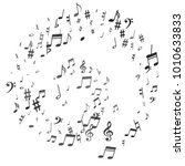 Black flying musical notes isolated on white backdrop. Grayscale musical notation symphony signs, notes for sound and tune music. Vector symbols for melody recording, prints and back layers.