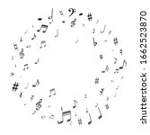 Black flying musical notes isolated on white background. Grayscale musical notation symphony signs, notes for sound and tune music. Vector symbols for melody recording, prints and back layers.