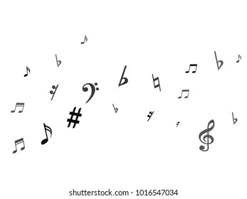 Black flying musical notes isolated on white backdrop. Grayscale musical notation symphony signs, notes for sound and tune music. Vector symbols for melody recording, prints and back layers.
