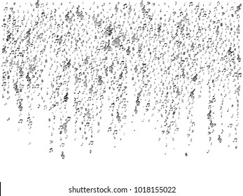 Black flying musical notes isolated on white backdrop. Stylish musical notation symphony signs, notes for sound and tune music. Vector symbols for melody recording, prints and back layers.