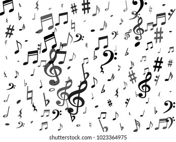 Black flying musical notes isolated on white backdrop. Fresh musical notation symphony signs, notes for sound and tune music. Vector symbols for melody recording, prints and back layers.