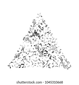 Black flying musical notes isolated on white background. Grayscale musical notation symphony signs, notes for sound and tune music. Vector symbols for melody recording, prints and back layers.