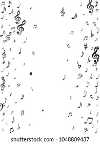 Black flying musical notes isolated on white backdrop. Grayscale musical notation symphony signs, notes for sound and tune music. Vector symbols for melody recording, prints and back layers.