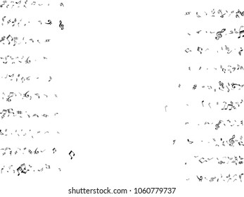 Black flying musical notes isolated on white backdrop. Stylish musical notation symphony signs, notes for sound and tune music. Vector symbols for melody recording, prints and back layers.