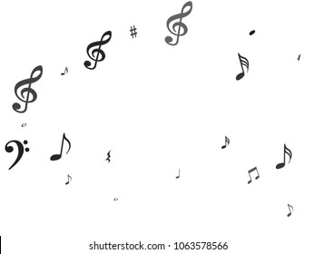 Black flying musical notes isolated on white backdrop. Fresh musical notation symphony signs, notes for sound and tune music. Vector symbols for melody recording, prints and back layers.