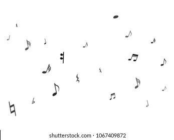 Black flying musical notes isolated on white backdrop. Stylish musical notation symphony signs, notes for sound and tune music. Vector symbols for melody recording, prints and back layers.