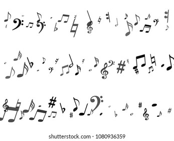 Black flying musical notes isolated on white backdrop. Stylish musical notation symphony signs, notes for sound and tune music. Vector symbols for melody recording, prints and back layers.