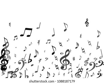 Black flying musical notes isolated on white backdrop. Grayscale musical notation symphony signs, notes for sound and tune music. Vector symbols for melody recording, prints and back layers.