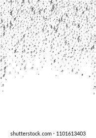 Black flying musical notes isolated on white backdrop. Fresh musical notation symphony signs, notes for sound and tune music. Vector symbols for melody recording, prints and back layers.