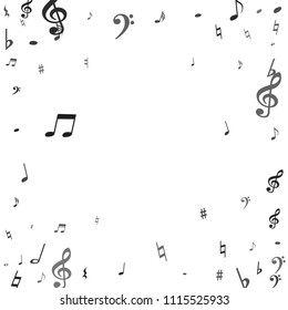 Black flying musical notes isolated on white backdrop. Stylish musical notation symphony signs, notes for sound and tune music. Vector symbols for melody recording, prints and back layers.