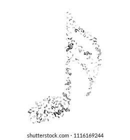 Black flying musical notes isolated on white backdrop. Stylish musical notation symphony signs, notes for sound and tune music. Vector symbols for melody recording, prints and back layers.