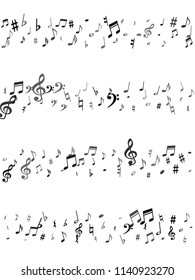 Black flying musical notes isolated on white backdrop. Stylish musical notation symphony signs, notes for sound and tune music. Vector symbols for melody recording, prints and back layers.