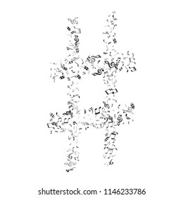 Black flying musical notes isolated on white backdrop. Grayscale musical notation symphony signs, notes for sound and tune music. Vector symbols for melody recording, prints and back layers.