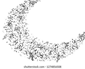 Black flying musical notes isolated on white backdrop. Stylish musical notation symphony signs, notes for sound and tune music. Vector symbols for melody recording, prints and back layers.