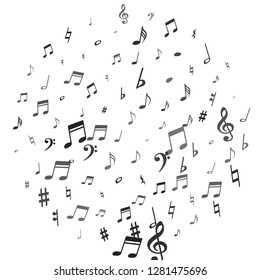 Black flying musical notes isolated on white background. Grayscale musical notation symphony signs, notes for sound and tune music. Vector symbols for melody recording, prints and back layers.