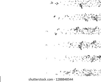 Black flying musical notes isolated on white background. Stylish musical notation symphony signs, notes for sound and tune music. Vector symbols for melody recording, prints and back layers.