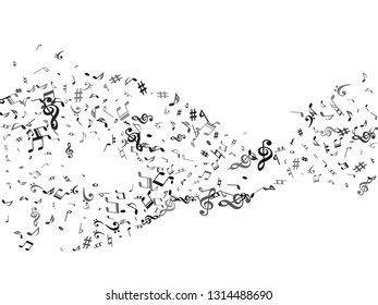 Black flying musical notes isolated on white background. Grayscale musical notation symphony signs, notes for sound and tune music. Vector symbols for melody recording, prints and back layers.