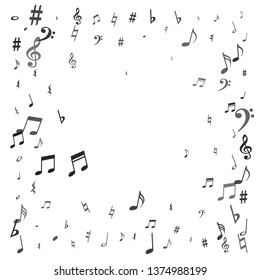 Black flying musical notes isolated on white background. Fresh musical notation symphony signs, notes for sound and tune music. Vector symbols for melody recording, prints and back layers.