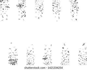 Black flying musical notes isolated on white background. Stylish musical notation symphony signs, notes for sound and tune music. Vector symbols for melody recording, prints and back layers.