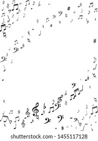 Black flying musical notes isolated on white backdrop. Fresh musical notation symphony signs, notes for sound and tune music. Vector symbols for melody recording, prints and back layers.