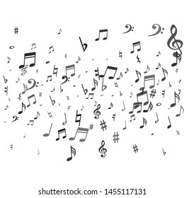 Black flying musical notes isolated on white backdrop. Stylish musical notation symphony signs, notes for sound and tune music. Vector symbols for melody recording, prints and back layers.