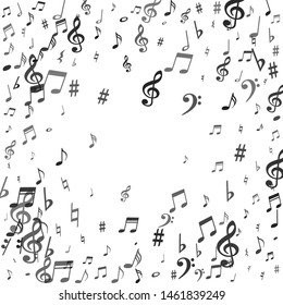Black flying musical notes isolated on white backdrop. Stylish musical notation symphony signs, notes for sound and tune music. Vector symbols for melody recording, prints and back layers.