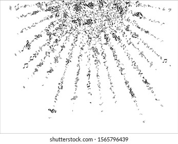 Black flying musical notes isolated on white background. Fresh musical notation symphony signs, notes for sound and tune music. Vector symbols for melody recording, prints and back layers.