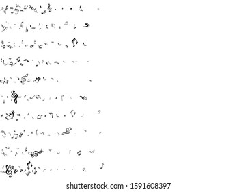 Black flying musical notes isolated on white backdrop. Stylish musical notation symphony signs, notes for sound and tune music. Vector symbols for melody recording, prints and back layers.