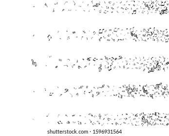 Black flying musical notes isolated on white backdrop. Cool musical notation symphony signs, notes for sound and tune music. Vector symbols for melody recording, prints and back layers.