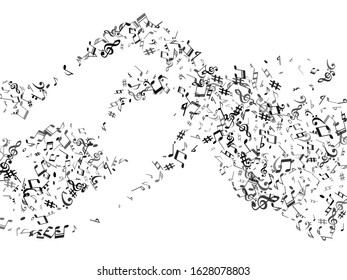 Black flying musical notes isolated on white background. Stylish musical notation symphony signs, notes for sound and tune music. Vector symbols for melody recording, prints and back layers.